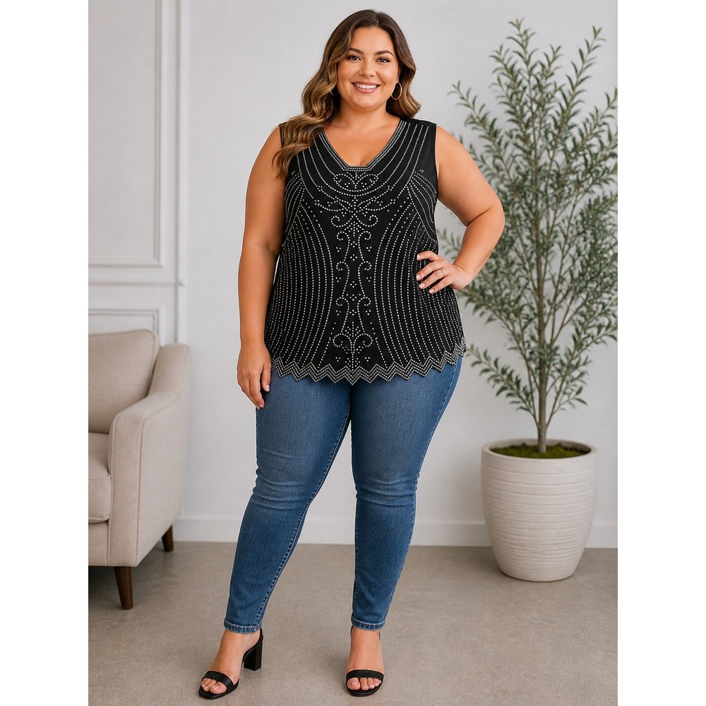 Avenue Tank Top Womens 22/24 Black Rhinestone Studded Scalloped V-Neck Plus Size